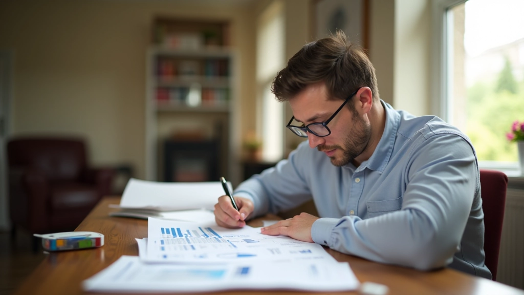 Adult sitting at wooden desk reviewing financial planning