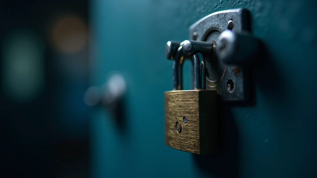 Close-up of security-focused workspace with padlock icon, encrypted data visualization, and cybersecurity monitoring systems