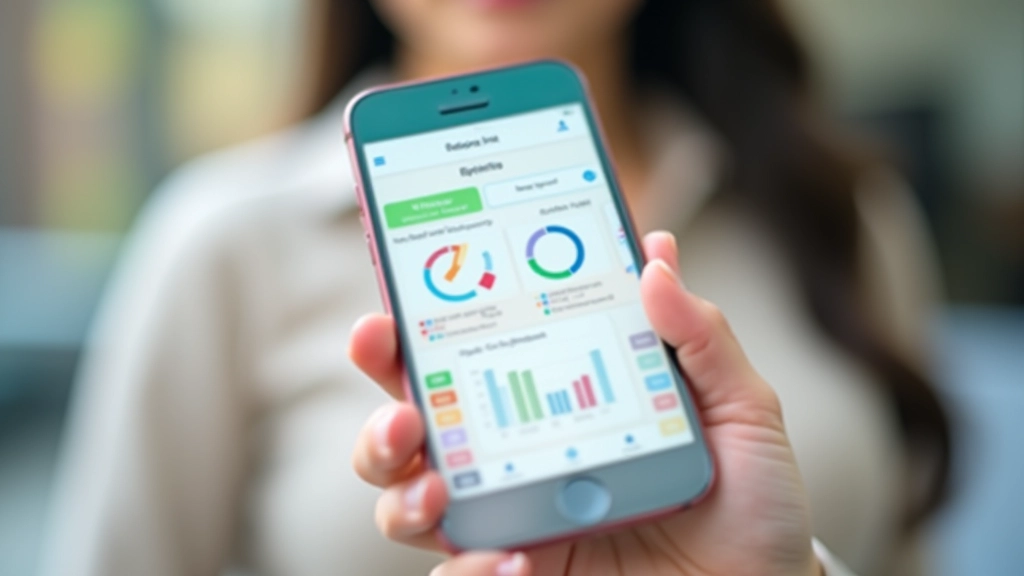 Mobile phone displaying budgeting app interface with pie charts, spending categories, and financial insights