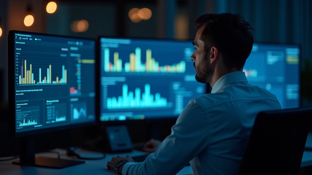 Financial analyst reviewing banking data and market performance charts on multiple computer screens in a modern office